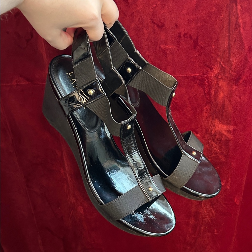 Lauren Ralph Lauren Black Patent Stud Wedge Sandals Size 10